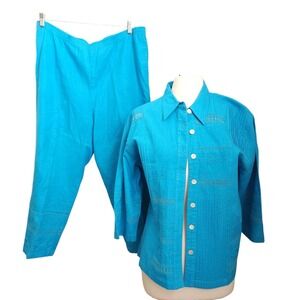 Stonebridge Women's Large Petite 2 Piece Pants &‎ Blouse Set Linen Embroidered